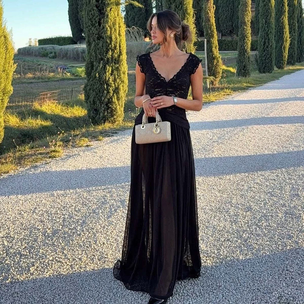 Forever 21 Deep V-Neck Sheer Lace Panel Maxi Dress Party Gown